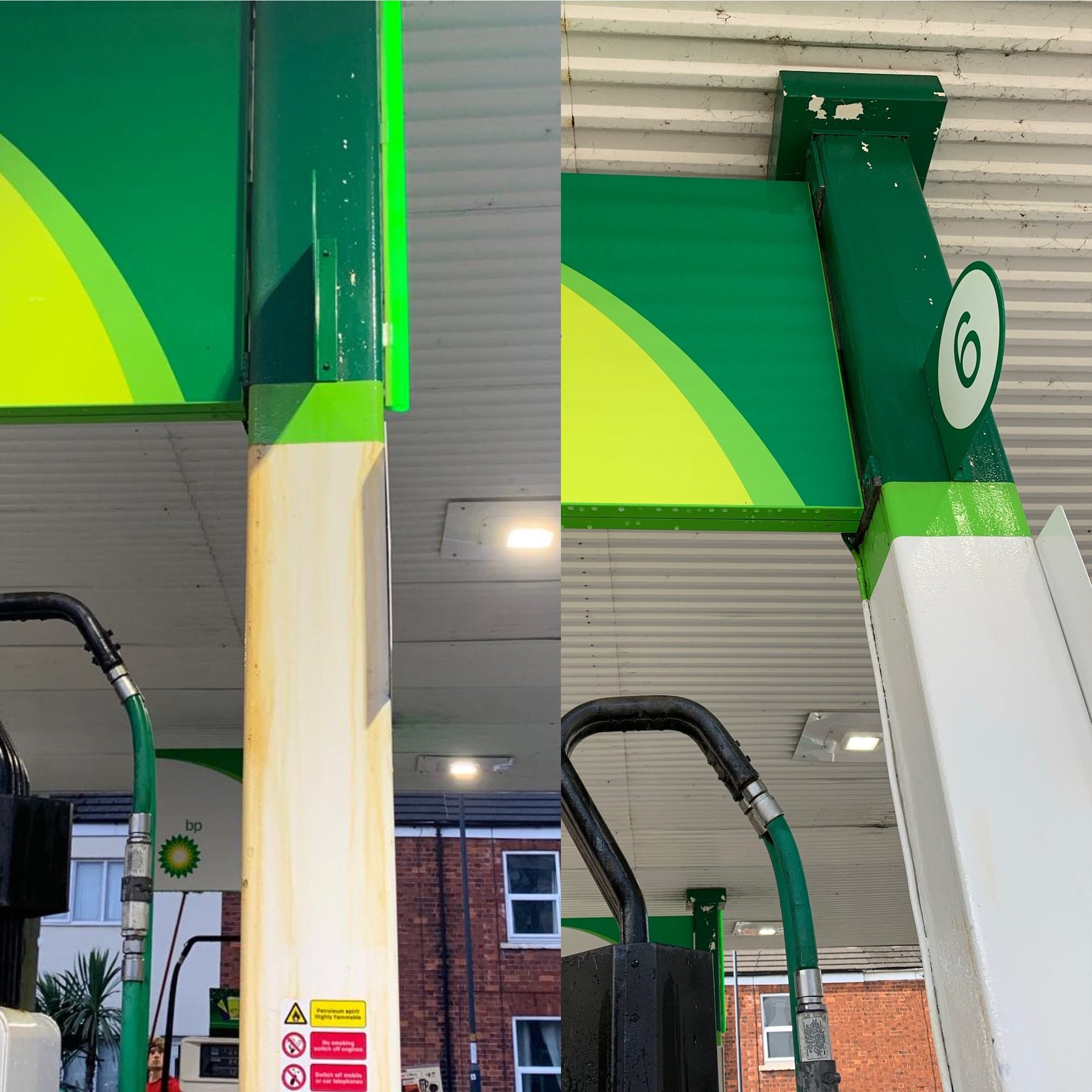 Side by side: a canopy pillar streaked with rust, and the same pillar clean and white